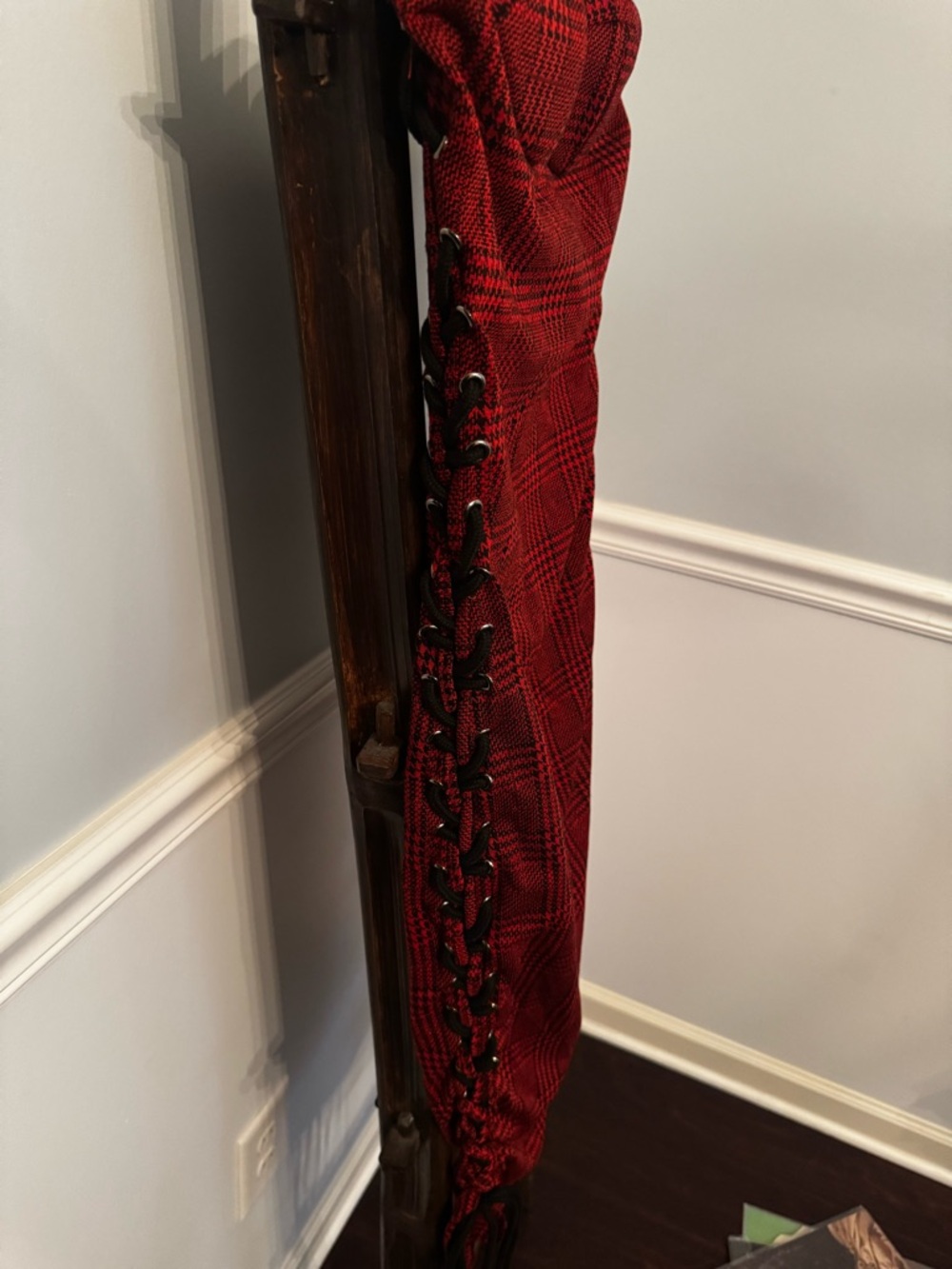 Red Plaid Lace-Up Strapless Dress